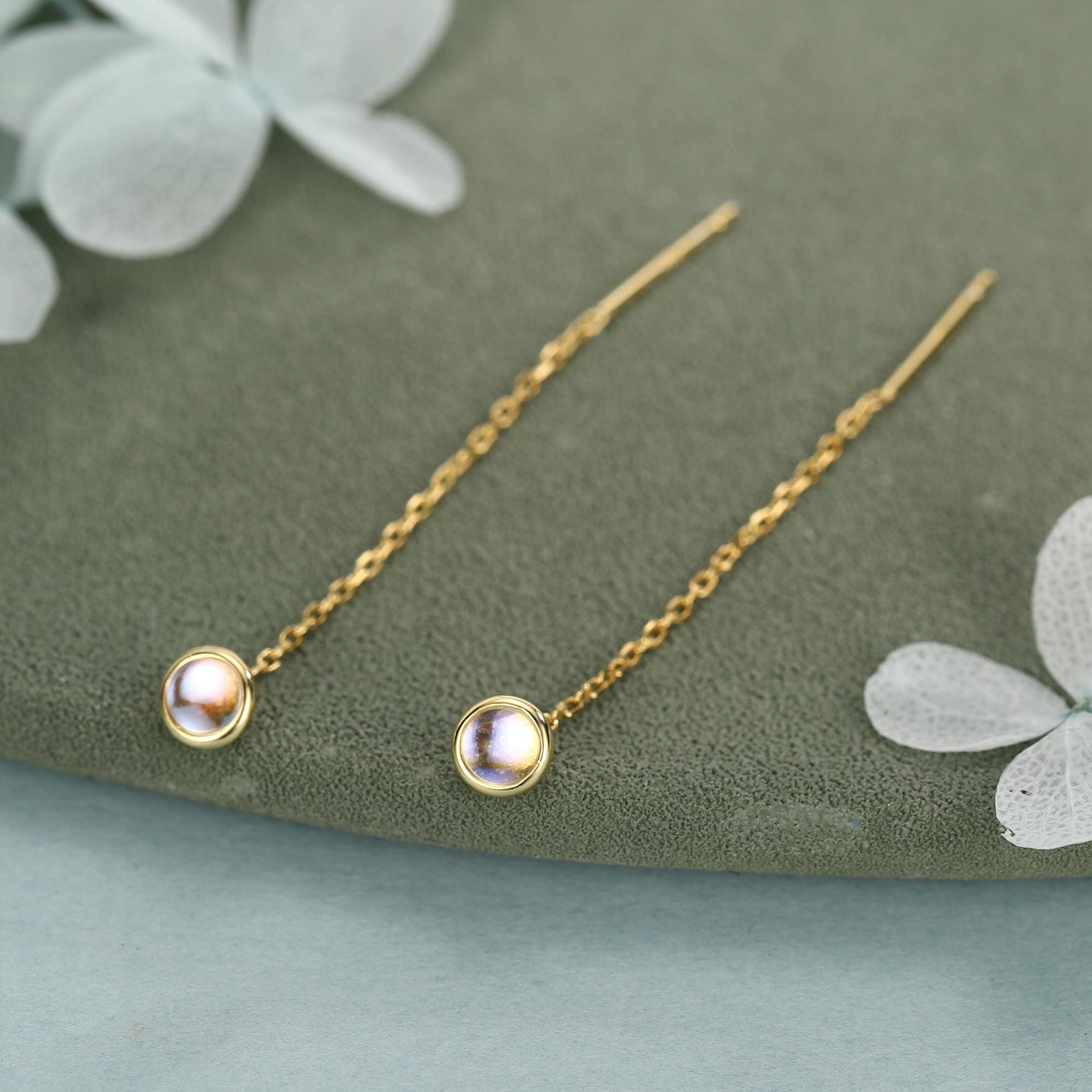 4mm Simulated Moonstone Dot Threader Earrings in Sterling Silver, Lab Moonstone Pull Through Ear Threaders, Silver or Gold, Chain Earrings