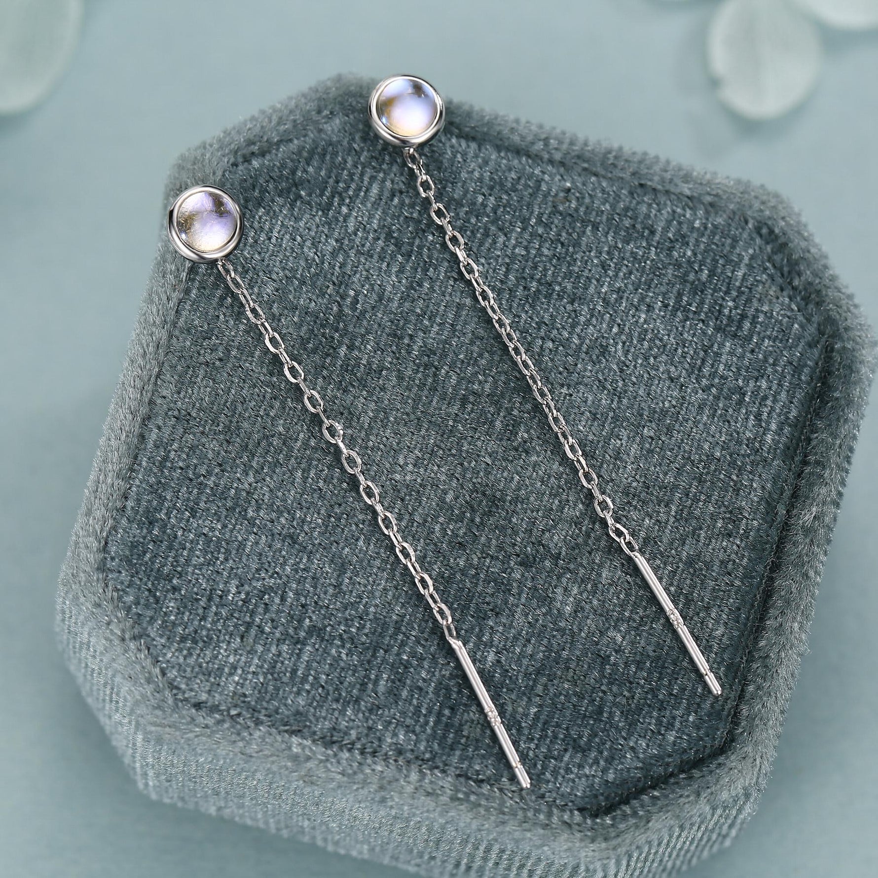 4mm Simulated Moonstone Dot Threader Earrings in Sterling Silver, Lab Moonstone Pull Through Ear Threaders, Silver or Gold, Chain Earrings