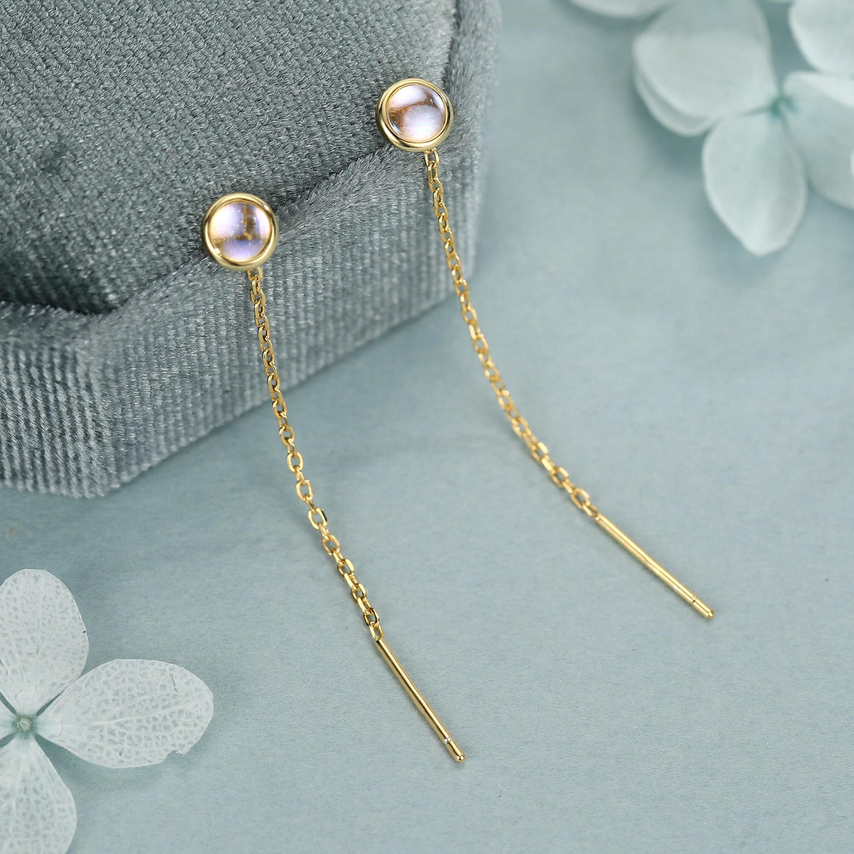 4mm Simulated Moonstone Dot Threader Earrings in Sterling Silver, Lab Moonstone Pull Through Ear Threaders, Silver or Gold, Chain Earrings