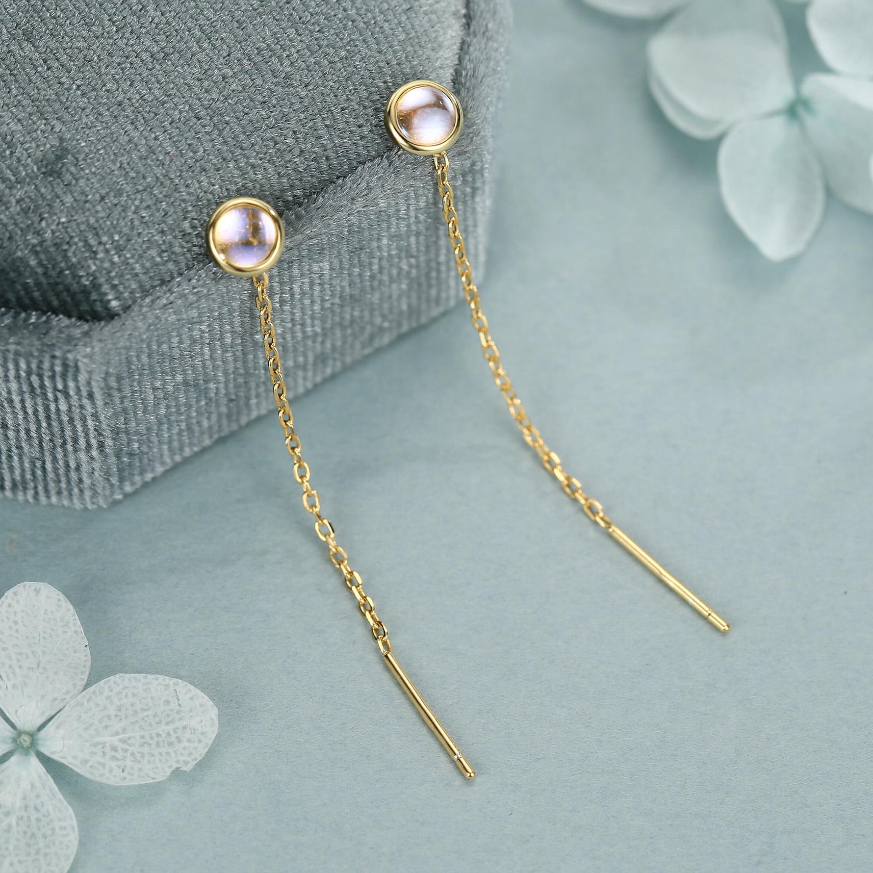 4mm Simulated Moonstone Dot Threader Earrings in Sterling Silver, Lab Moonstone Pull Through Ear Threaders, Silver or Gold, Chain Earrings