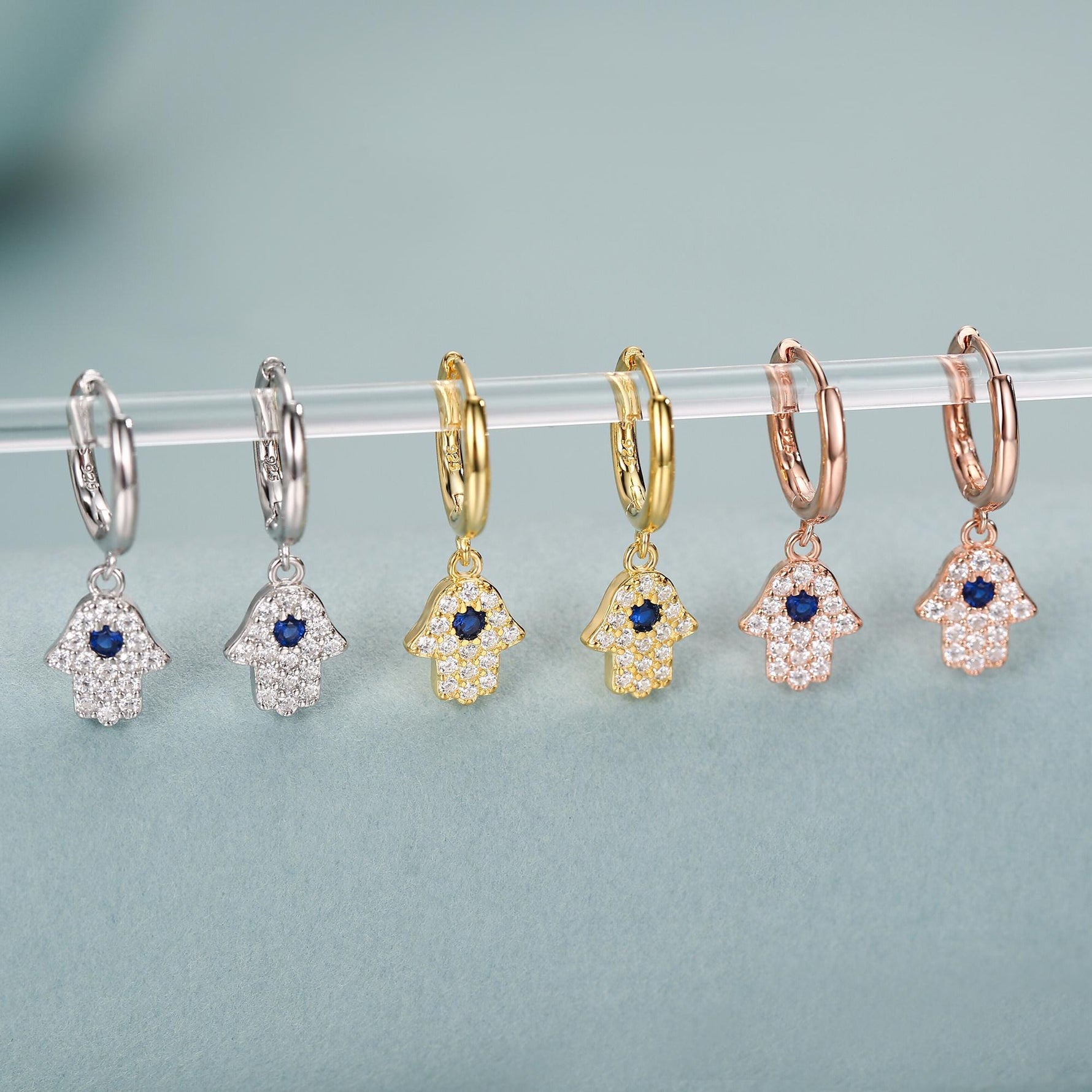 CZ Hamsa Hand Huggie Hoop Earrings in Sterling Silver, Silver, Gold or Rose Gold, Hoop Earrings, Dangling, Fatima Hand Hoops