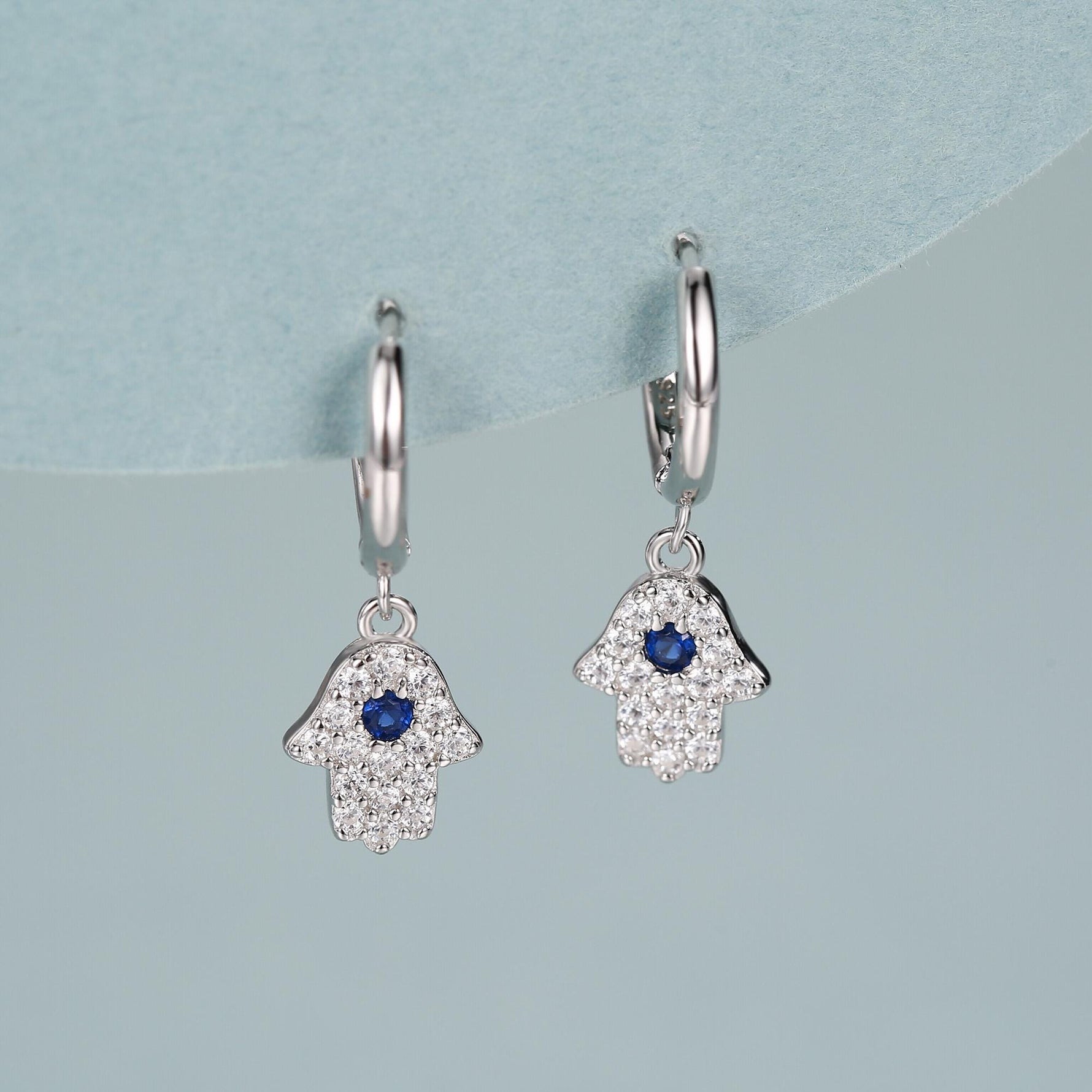 CZ Hamsa Hand Huggie Hoop Earrings in Sterling Silver, Silver, Gold or Rose Gold, Hoop Earrings, Dangling, Fatima Hand Hoops