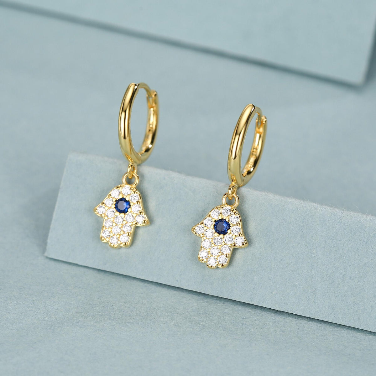CZ Hamsa Hand Huggie Hoop Earrings in Sterling Silver, Silver, Gold or Rose Gold, Hoop Earrings, Dangling, Fatima Hand Hoops