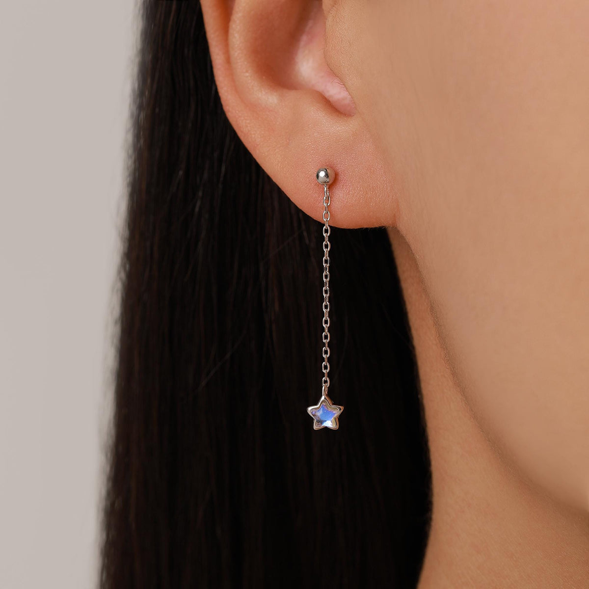 Asymmetric Tiny Moonstone Star Dangle Stud Earrings in Sterling Silver