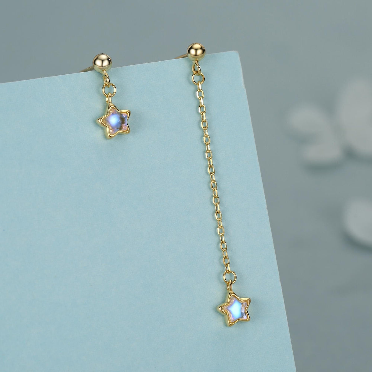 Asymmetric Tiny Moonstone Star Dangle Stud Earrings in Sterling Silver