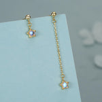 Asymmetric Tiny Moonstone Star Dangle Stud Earrings in Sterling Silver
