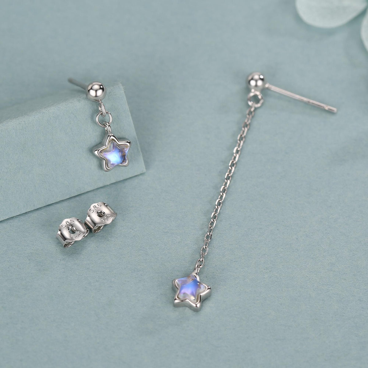 Asymmetric Tiny Moonstone Star Dangle Stud Earrings in Sterling Silver