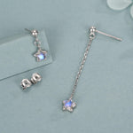 Asymmetric Tiny Moonstone Star Dangle Stud Earrings in Sterling Silver