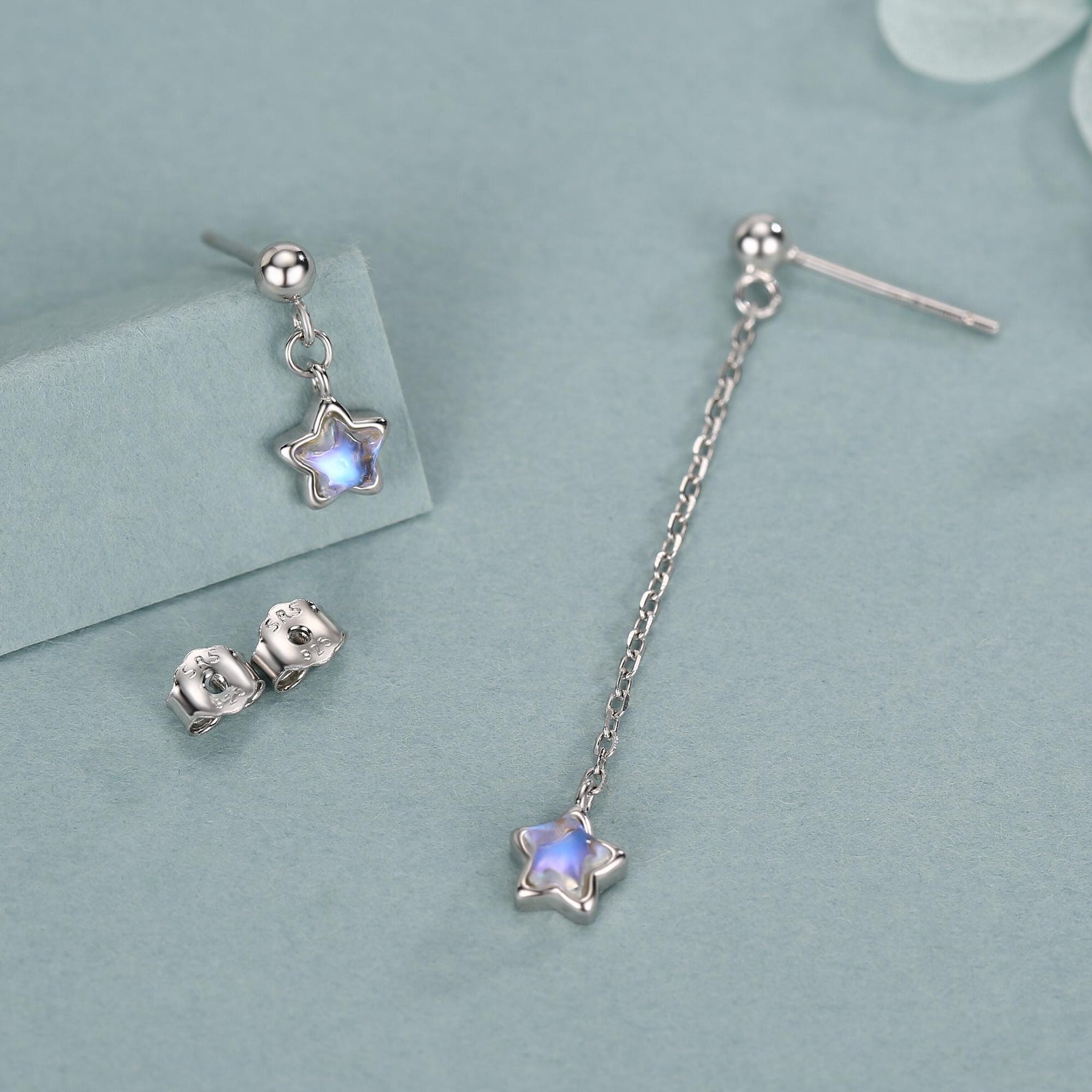 Asymmetric Tiny Moonstone Star Dangle Stud Earrings in Sterling Silver