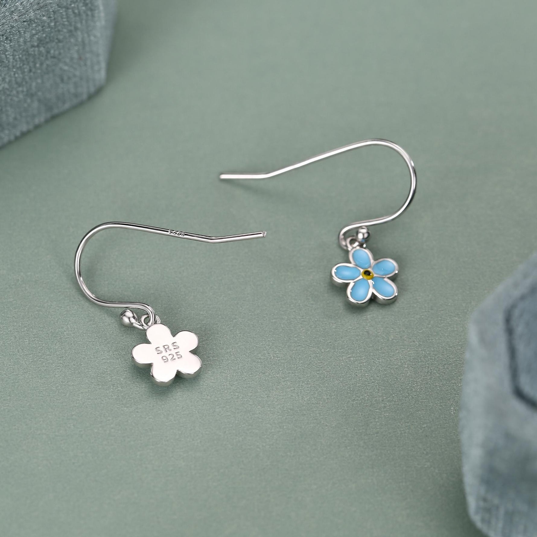Sterling Silver Enamel Forget-me-not Flower Drop Hook Earrings, Dainty Dangle Forget Me Not Flower Earrings