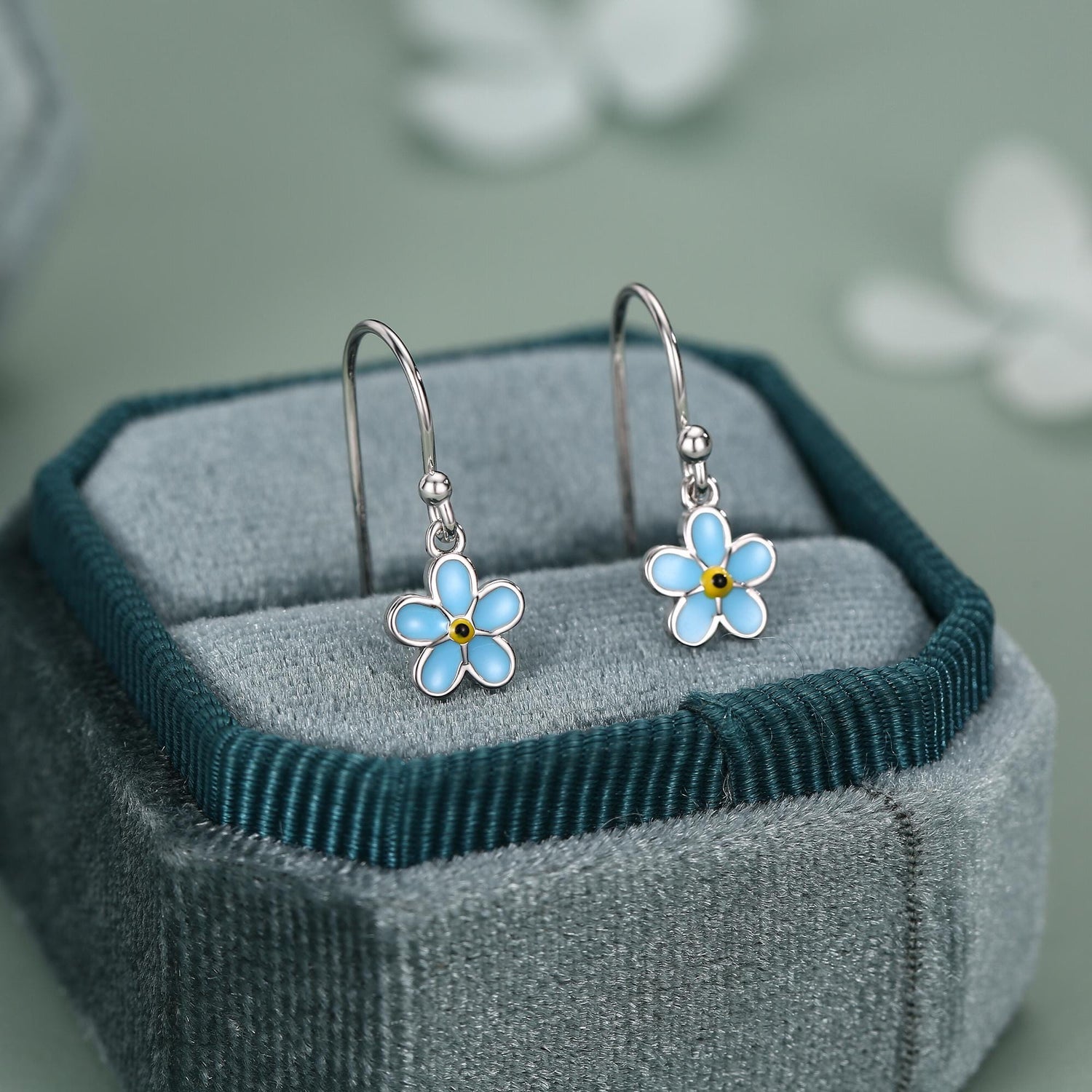 Sterling Silver Enamel Forget-me-not Flower Drop Hook Earrings, Dainty Dangle Forget Me Not Flower Earrings