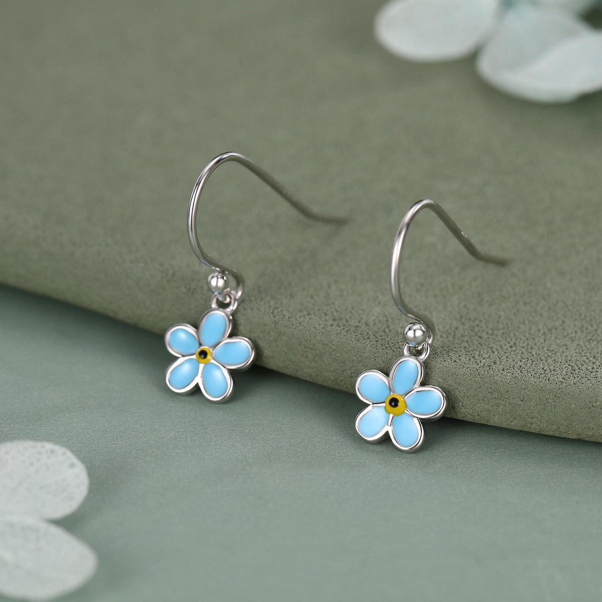 Sterling Silver Enamel Forget-me-not Flower Drop Hook Earrings, Dainty Dangle Forget Me Not Flower Earrings