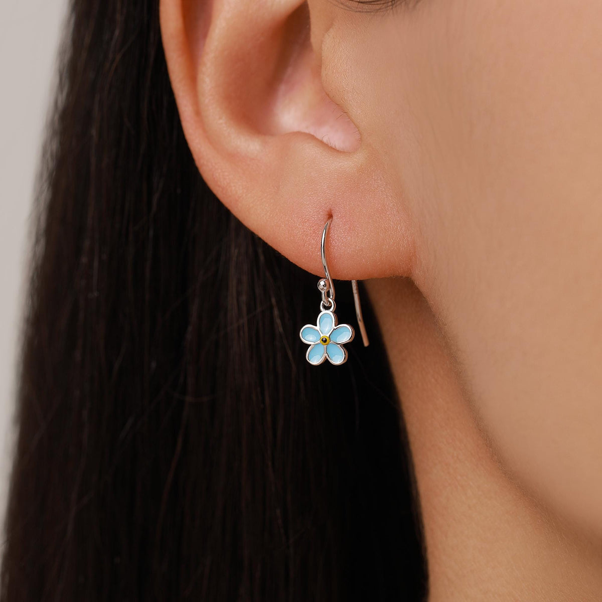 Sterling Silver Enamel Forget-me-not Flower Drop Hook Earrings, Dainty Dangle Forget Me Not Flower Earrings