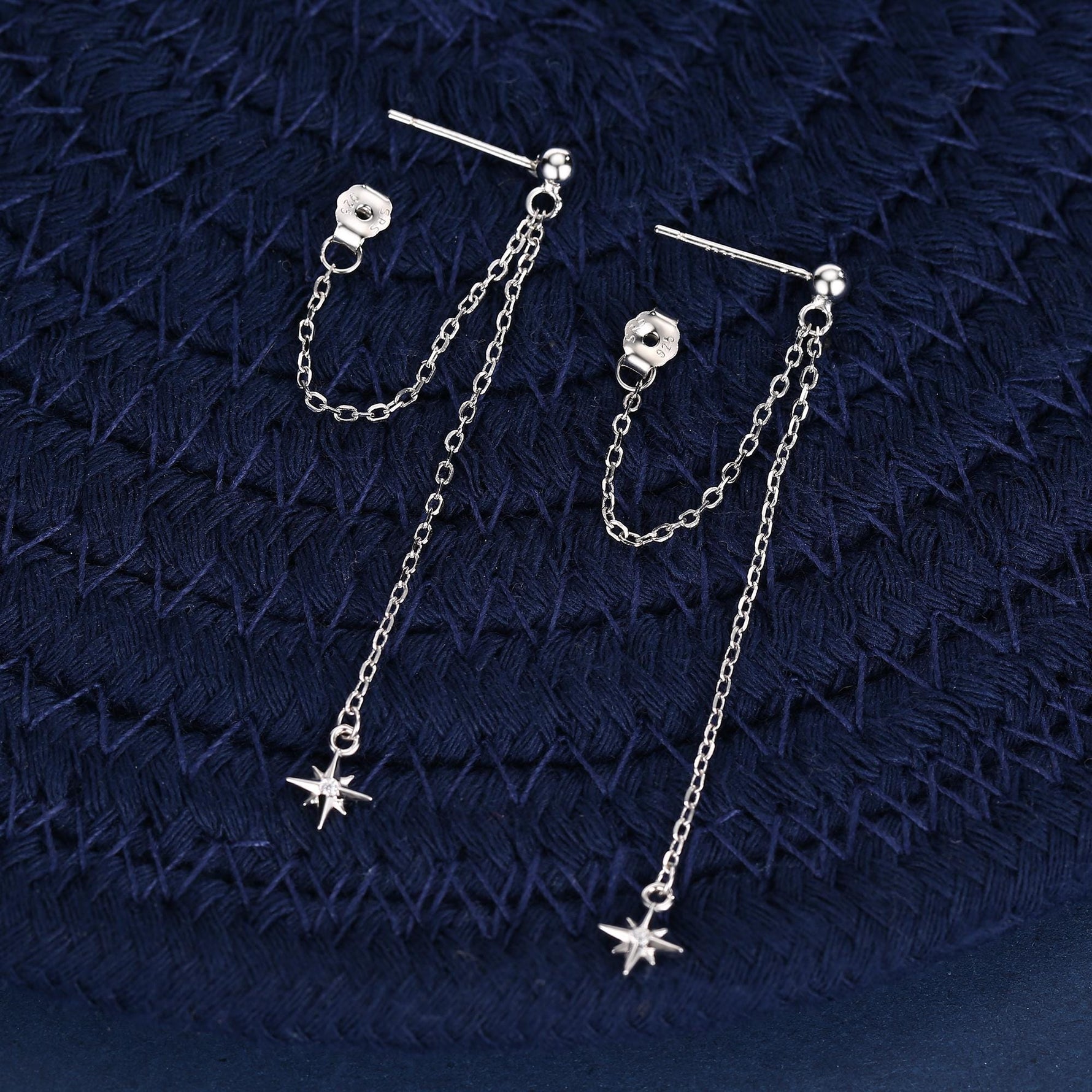 Tiny CZ Starburst Dangle Chain Stud Earrings in Sterling Silver, Silver, Gold or Rose Gold, North Star Earrings, Star Ear Jacket