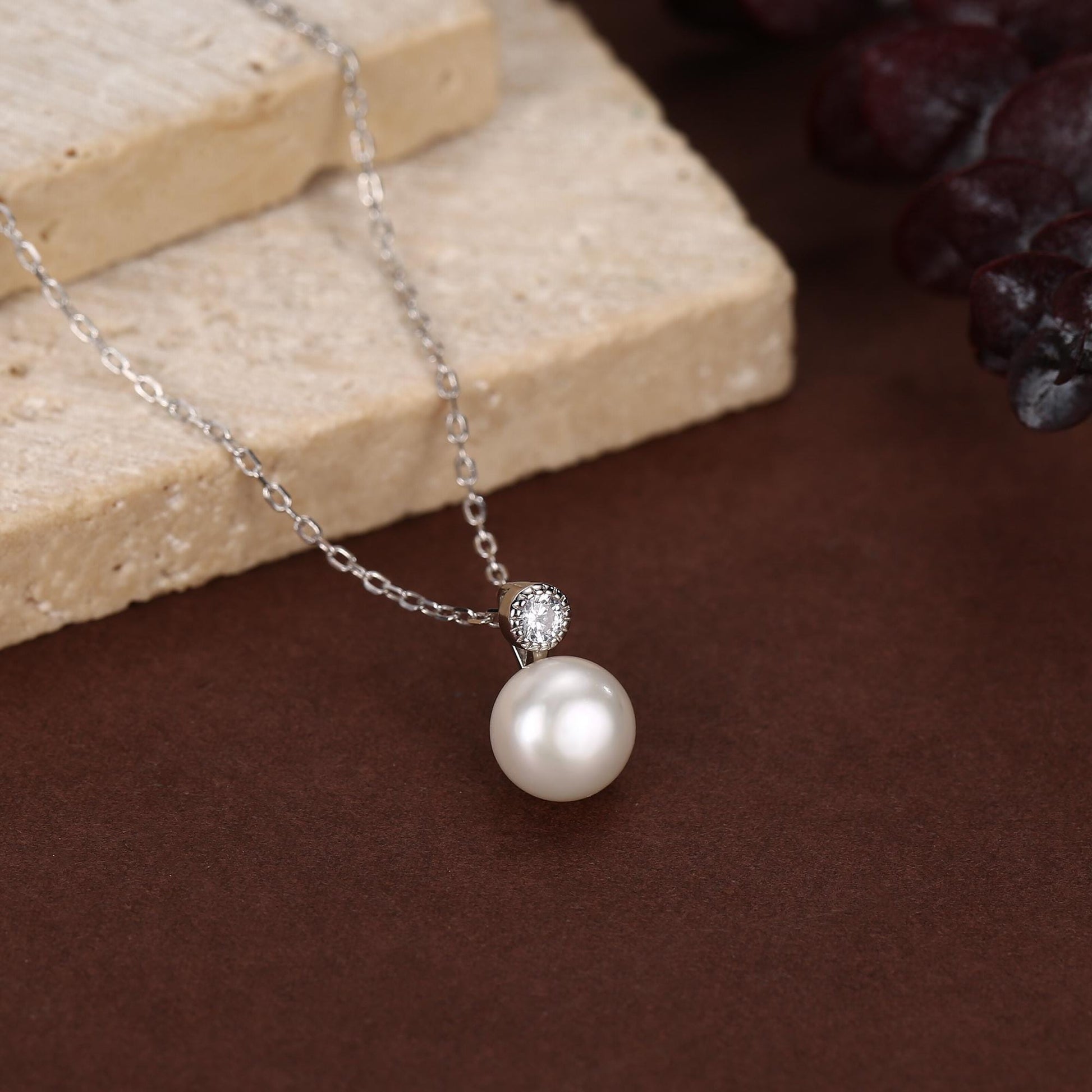 Natural Pearl and CZ Bezel Necklace in Sterling Silver, Silver or Gold or Rose Gold, Genuine Freshwater Pearl Pendant Necklace