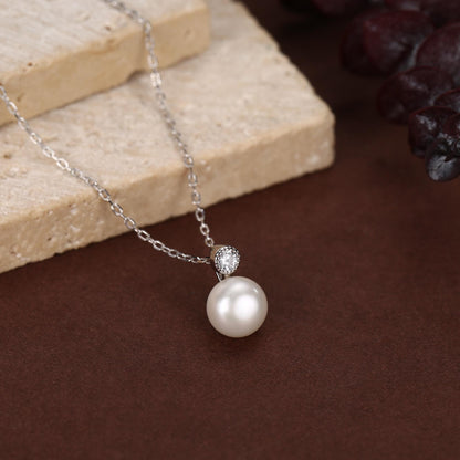 Natural Pearl and CZ Bezel Necklace in Sterling Silver, Silver or Gold or Rose Gold, Genuine Freshwater Pearl Pendant Necklace