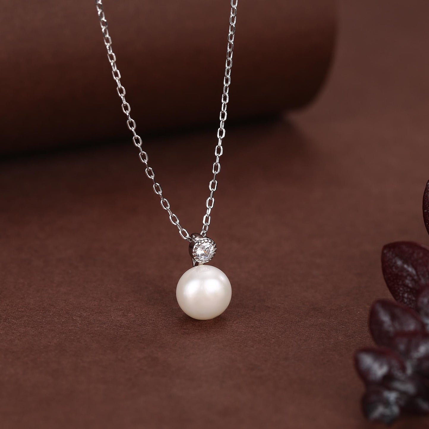 Natural Pearl and CZ Bezel Necklace in Sterling Silver, Silver or Gold or Rose Gold, Genuine Freshwater Pearl Pendant Necklace