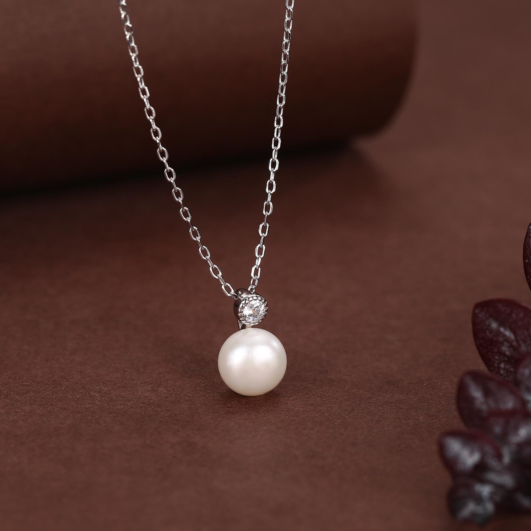 Natural Pearl and CZ Bezel Necklace in Sterling Silver, Silver or Gold or Rose Gold, Genuine Freshwater Pearl Pendant Necklace