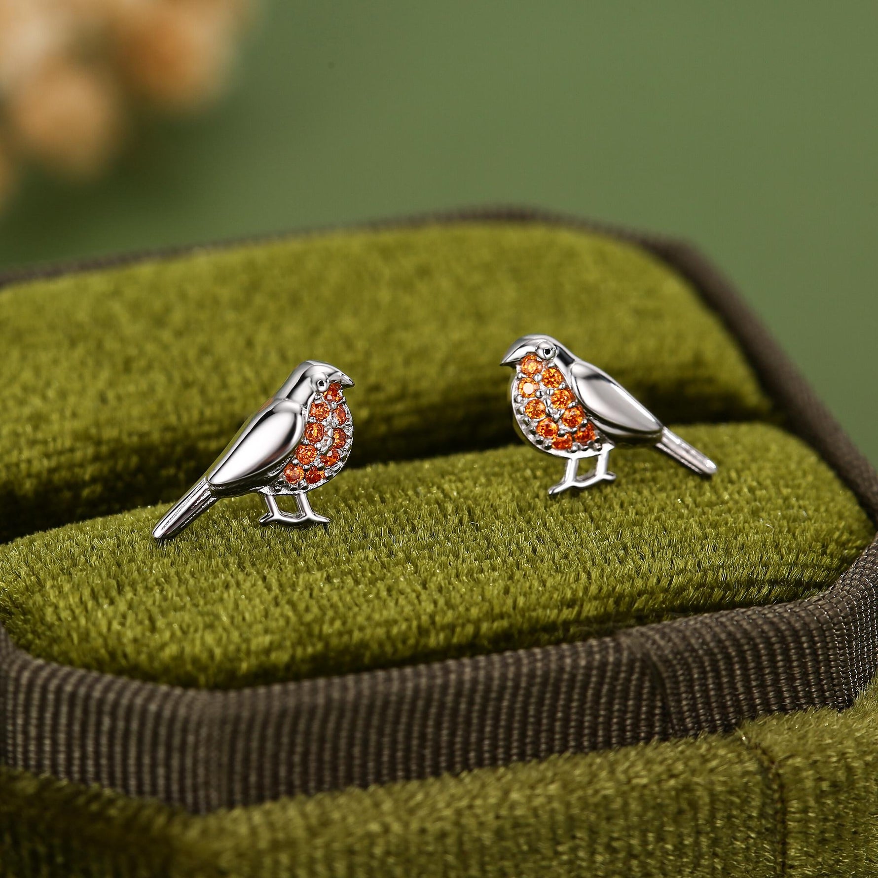 Crystal Robin Bird Stud Earrings in Sterling Silver, British Bird Earrings, Nature Inspired Animal Earrings, CZ Robin Stud