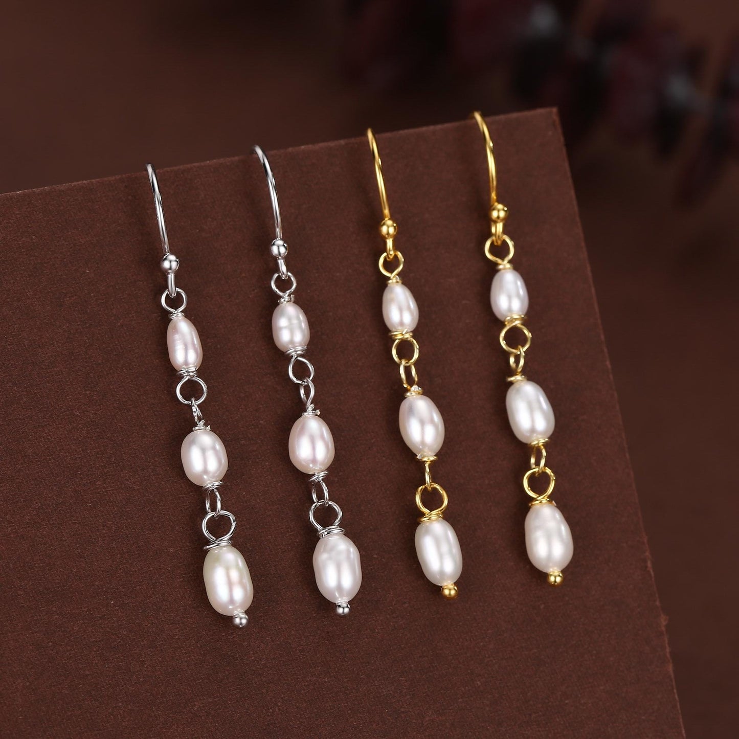 Oval Freshwater Pearl Trio Drop Hook Earrings in Sterling Silver, Silver or Gold, Irregular Shape Pearl Drop Earrings, Natural Pearls