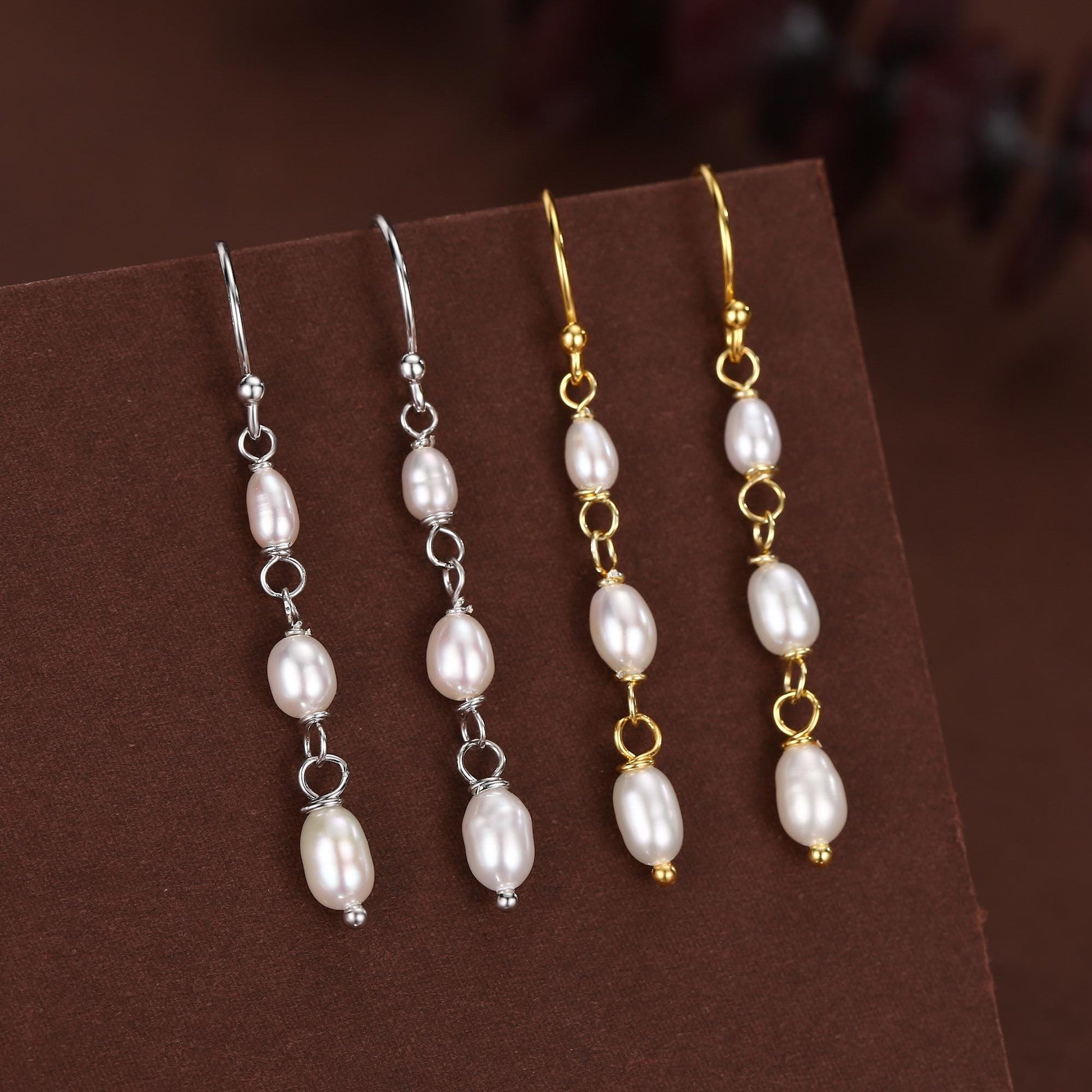 Oval Freshwater Pearl Trio Drop Hook Earrings in Sterling Silver, Silver or Gold, Irregular Shape Pearl Drop Earrings, Natural Pearls