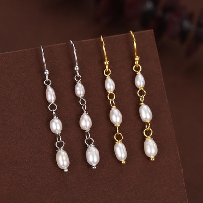 Oval Freshwater Pearl Trio Drop Hook Earrings in Sterling Silver, Silver or Gold, Irregular Shape Pearl Drop Earrings, Natural Pearls