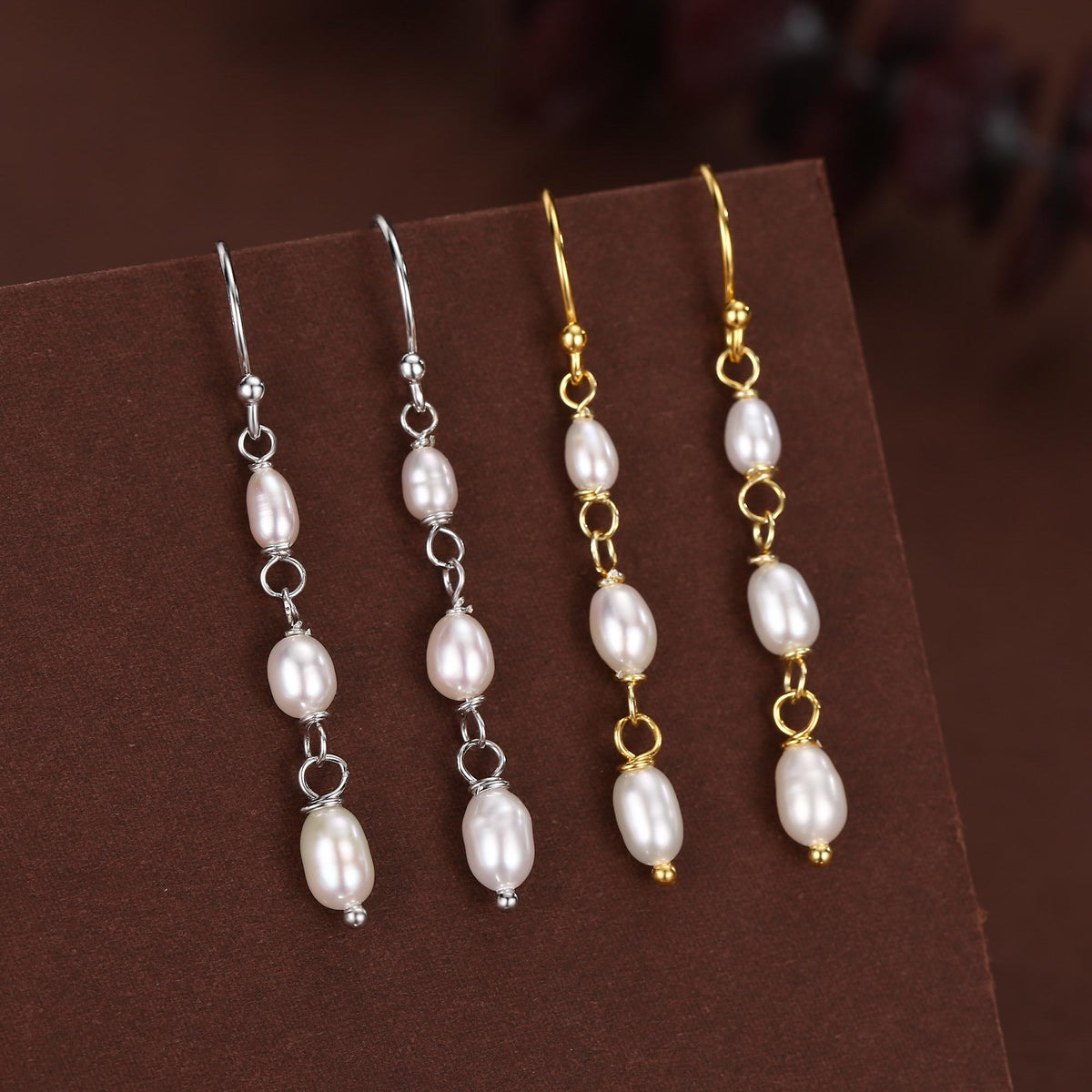 Oval Freshwater Pearl Trio Drop Hook Earrings in Sterling Silver, Silver or Gold, Irregular Shape Pearl Drop Earrings, Natural Pearls