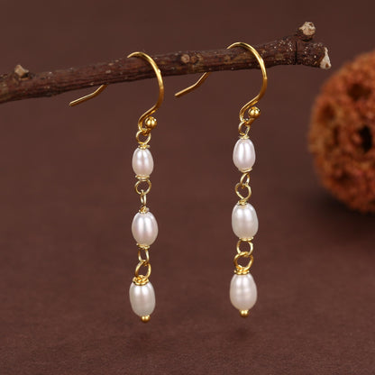 Oval Freshwater Pearl Trio Drop Hook Earrings in Sterling Silver, Silver or Gold, Irregular Shape Pearl Drop Earrings, Natural Pearls