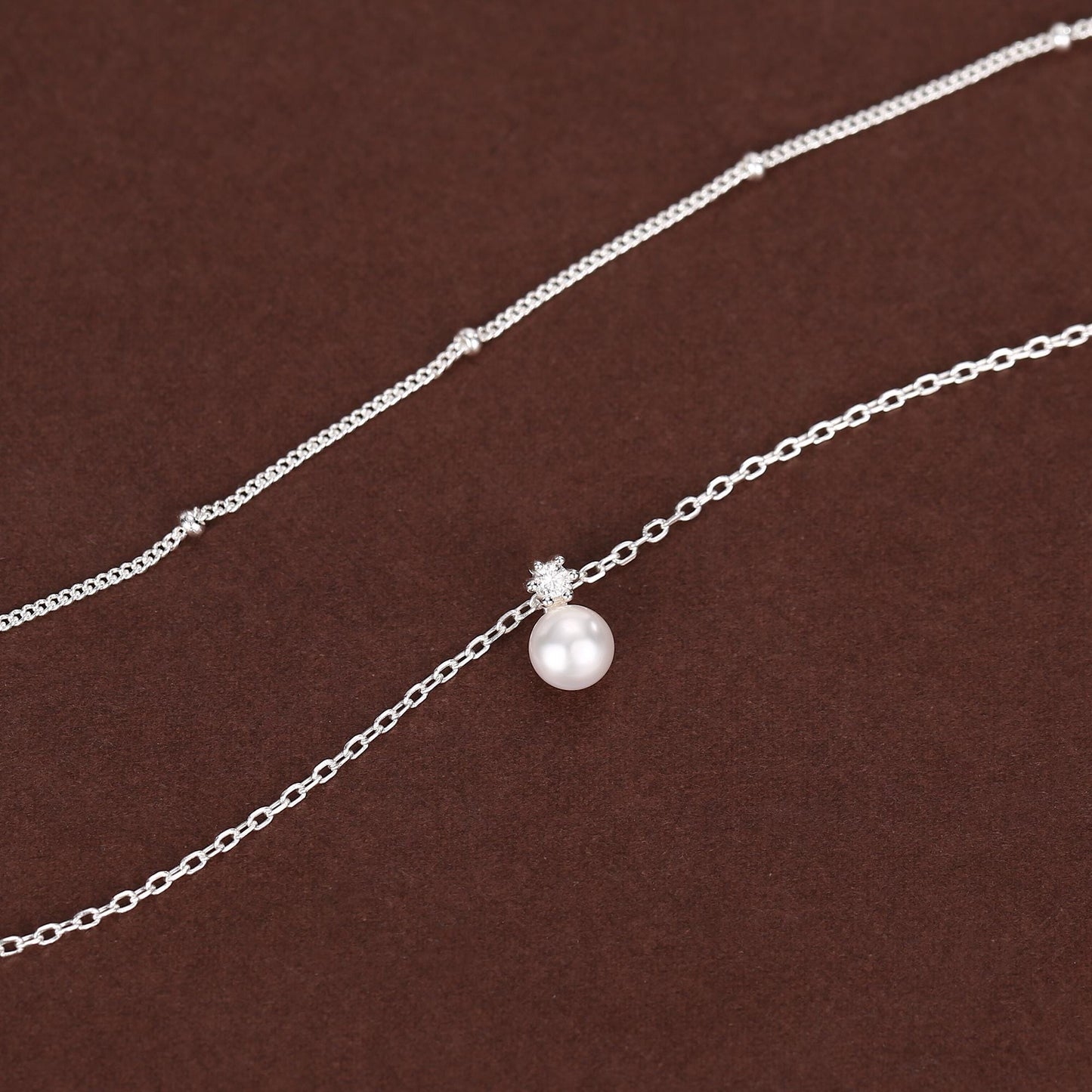 Genuine Freshwater Pearl Double Layer Pendant Necklace in Sterling Silver, Silver or Gold or Rose Gold, Delicate Pearl Necklace
