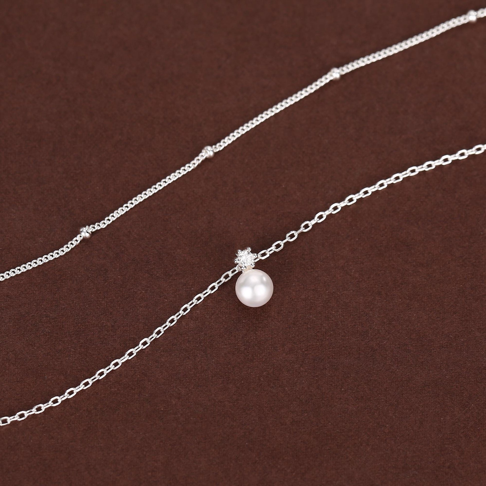 Genuine Freshwater Pearl Double Layer Pendant Necklace in Sterling Silver, Silver or Gold or Rose Gold, Delicate Pearl Necklace