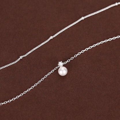Genuine Freshwater Pearl Double Layer Pendant Necklace in Sterling Silver, Silver or Gold or Rose Gold, Delicate Pearl Necklace