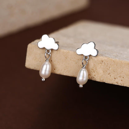 Dainty Cloud and Natural Pearl Raindrop Stud Earrings in Sterling Silver, Silver or Gold, Cloud Earrings, Freshwater Pearl Droplet Earrings