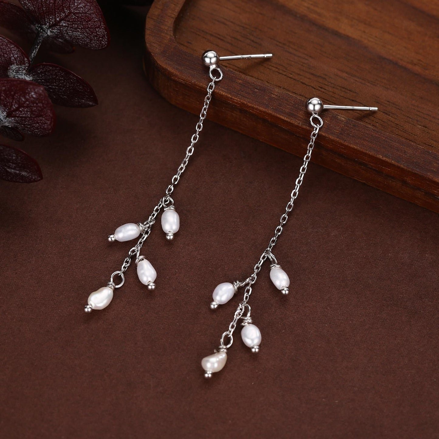 Genuine Freshwater Pearl Drop Earrings in Sterling Silver, Tiny Oval Pearl Long Dangle Earrings, Pearl Stud Dangle Earrings, Silver or Gold