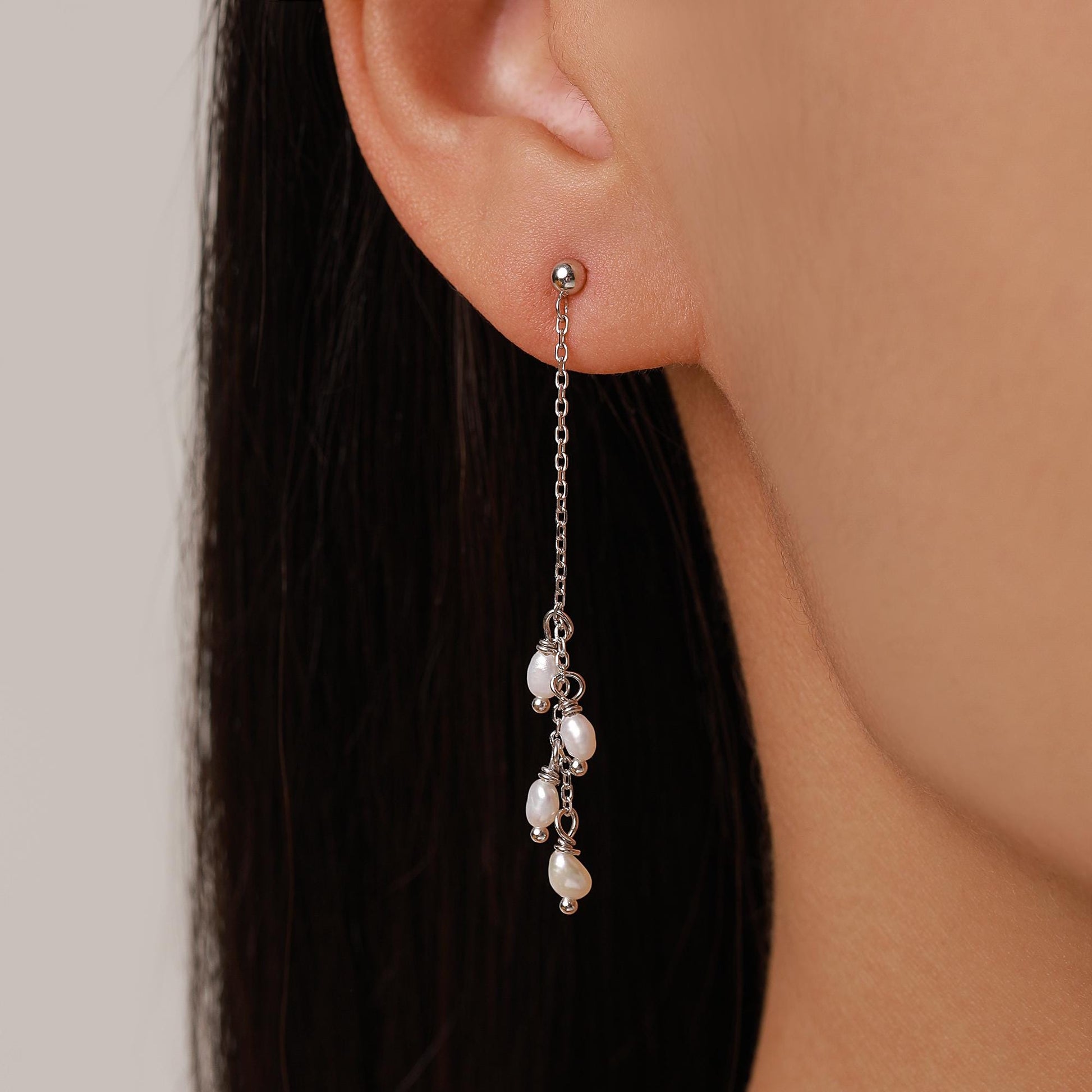 Genuine Freshwater Pearl Drop Earrings in Sterling Silver, Tiny Oval Pearl Long Dangle Earrings, Pearl Stud Dangle Earrings, Silver or Gold