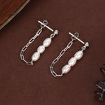 Sterling Silver Genuine Oval Pearl and Chain Jacket Earrings in Sterling Silver