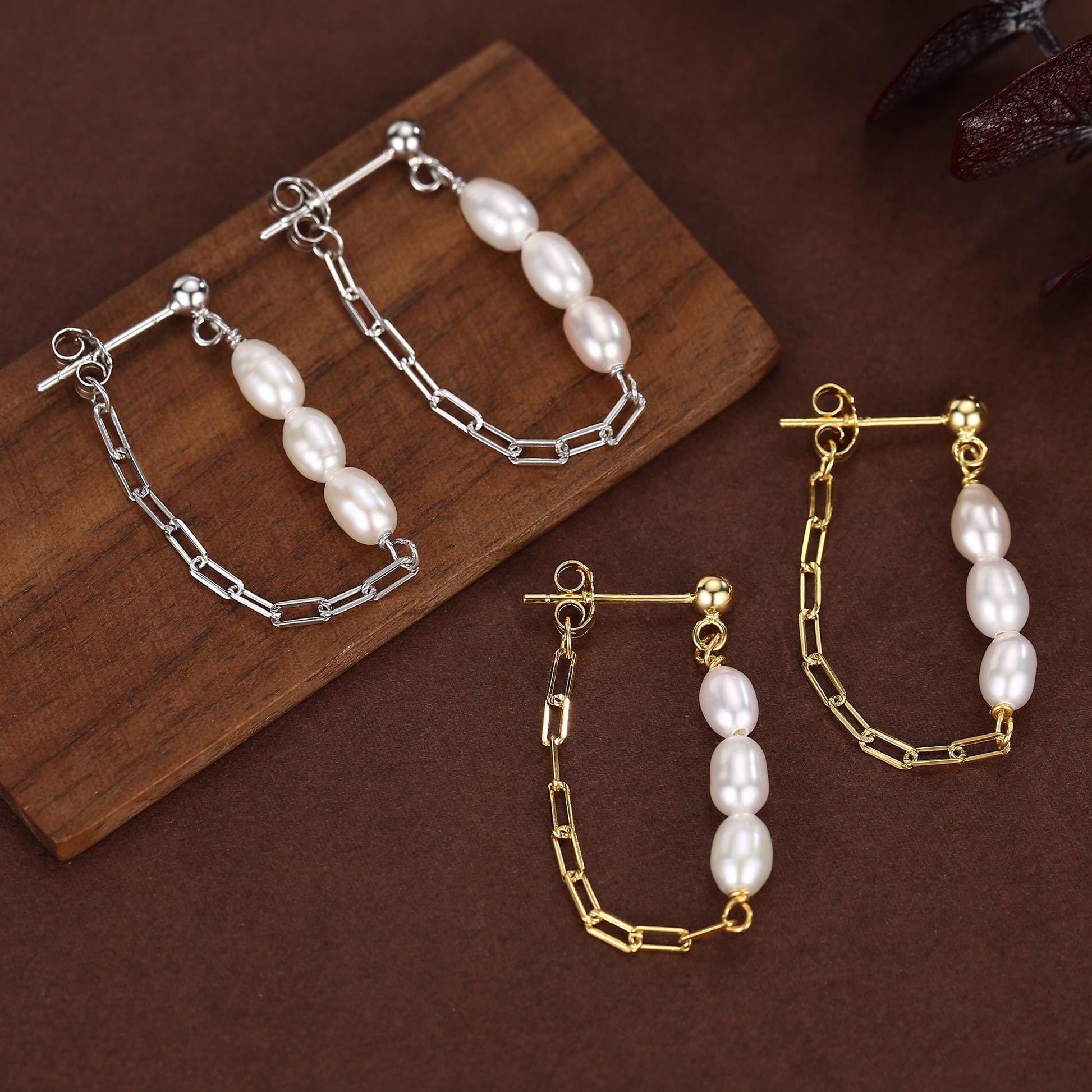 Sterling Silver Genuine Oval Pearl and Chain Earrings in Sterling Silver, Silver or Gold, Tiny Ear Jacket, Dainty Jewellery