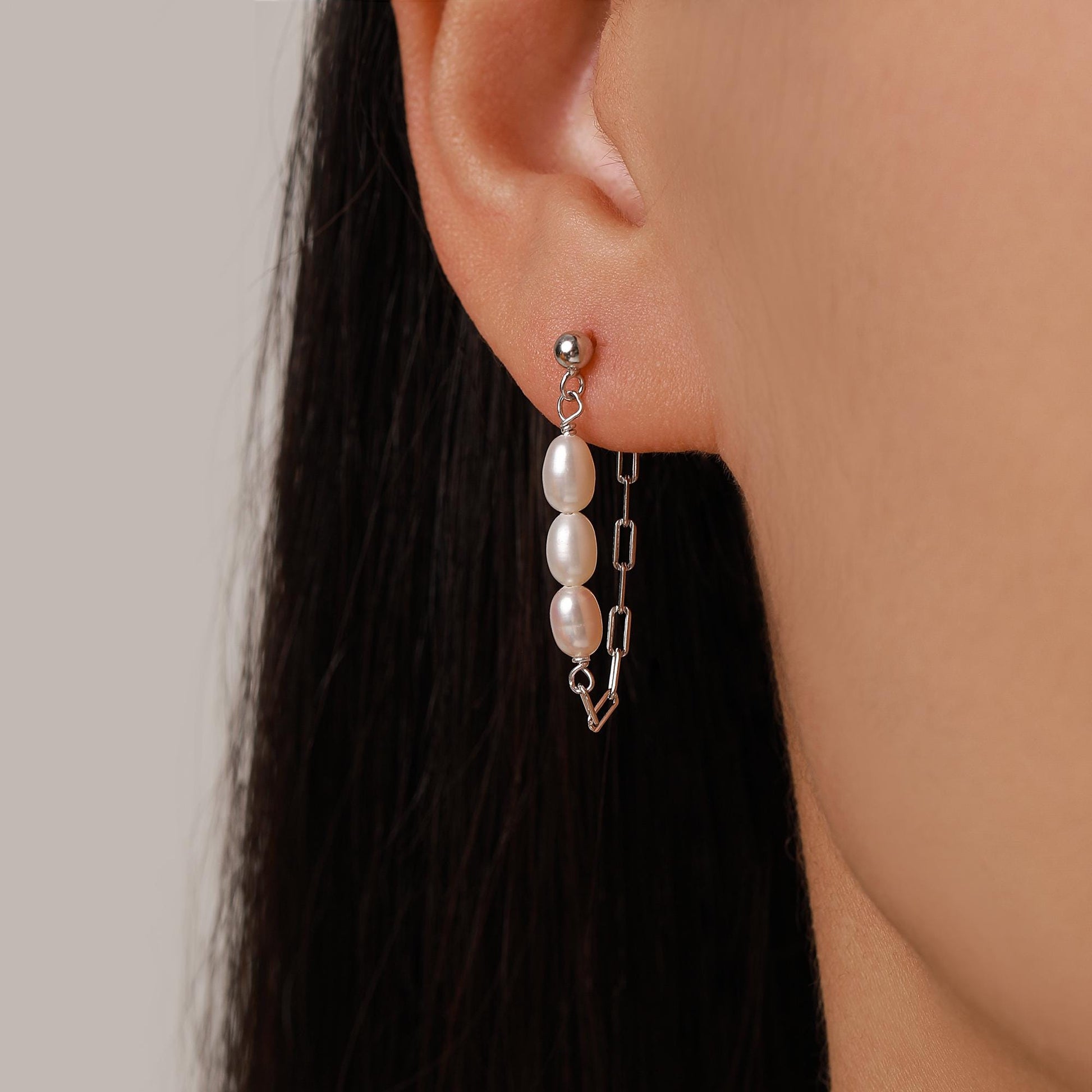 Sterling Silver Genuine Oval Pearl and Chain Earrings in Sterling Silver, Silver or Gold, Tiny Ear Jacket, Dainty Jewellery