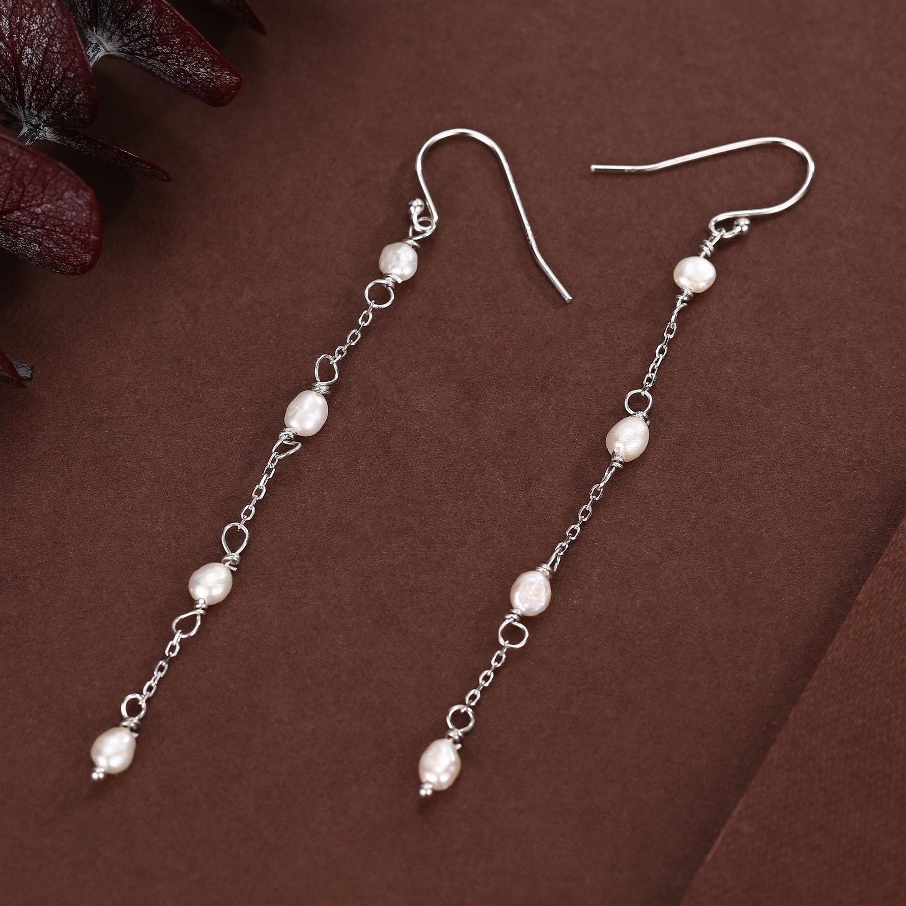 Oval Freshwater Pearl Long Drop Hook Earrings in Sterling Silver