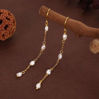 Oval Freshwater Pearl Long Drop Hook Earrings in Sterling Silver, Silver or Gold, Irregular Shape Pearl Drop Earrings, Natural Pearls