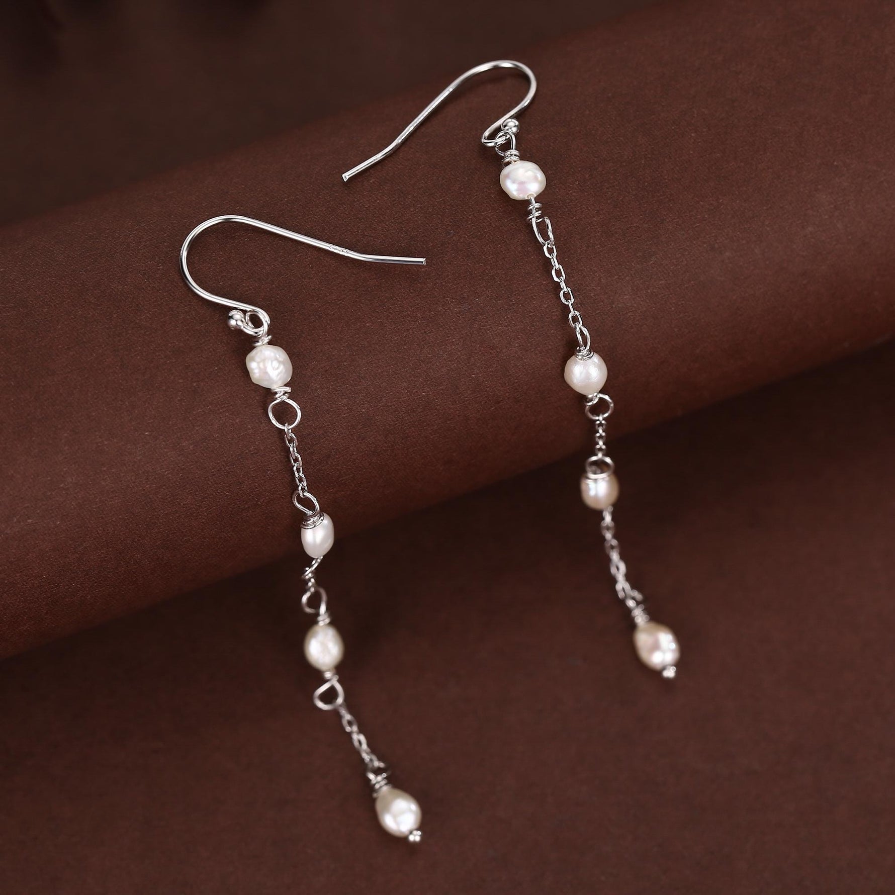 Oval Freshwater Pearl Long Drop Hook Earrings in Sterling Silver