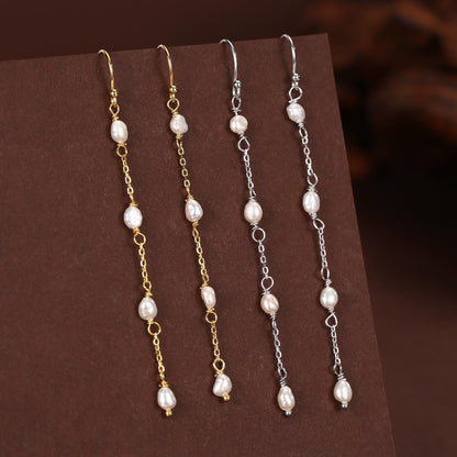Oval Freshwater Pearl Long Drop Hook Earrings in Sterling Silver, Silver or Gold, Irregular Shape Pearl Drop Earrings, Natural Pearls