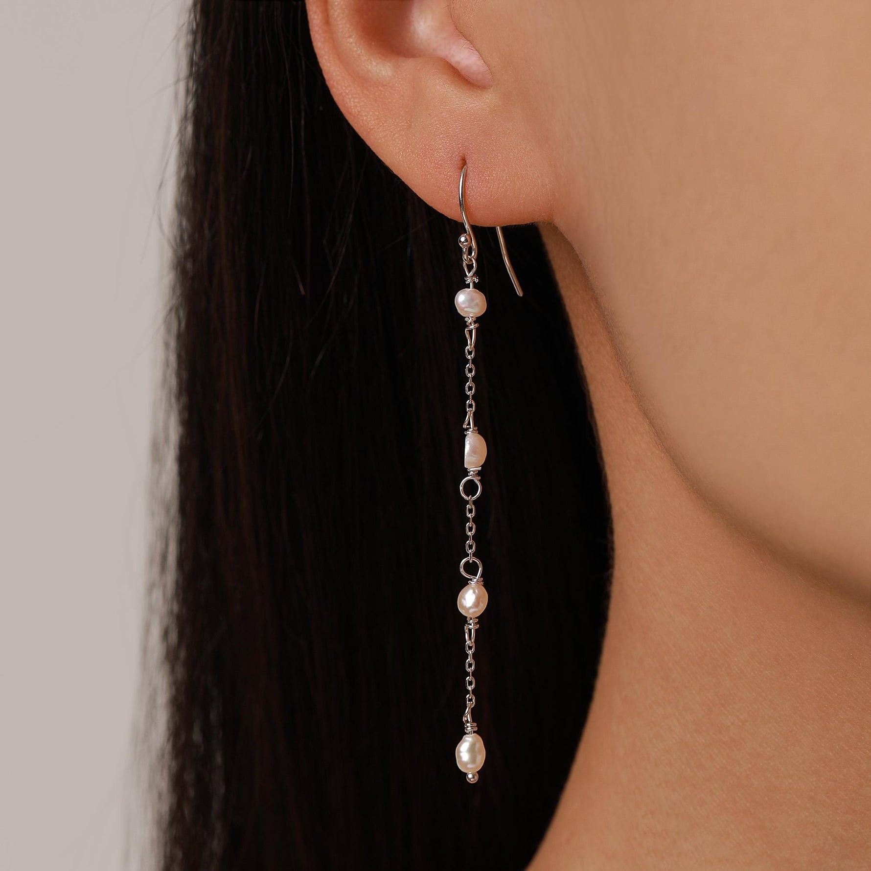 Oval Freshwater Pearl Long Drop Hook Earrings in Sterling Silver