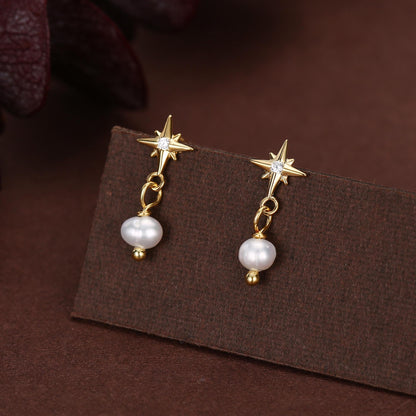 Starburst and Tiny Dangle Pearl Stud Earrings in Sterling Silver, Silver, Gold or Rose Gold, Star Earrings, Sunburst Earrings, Celestial