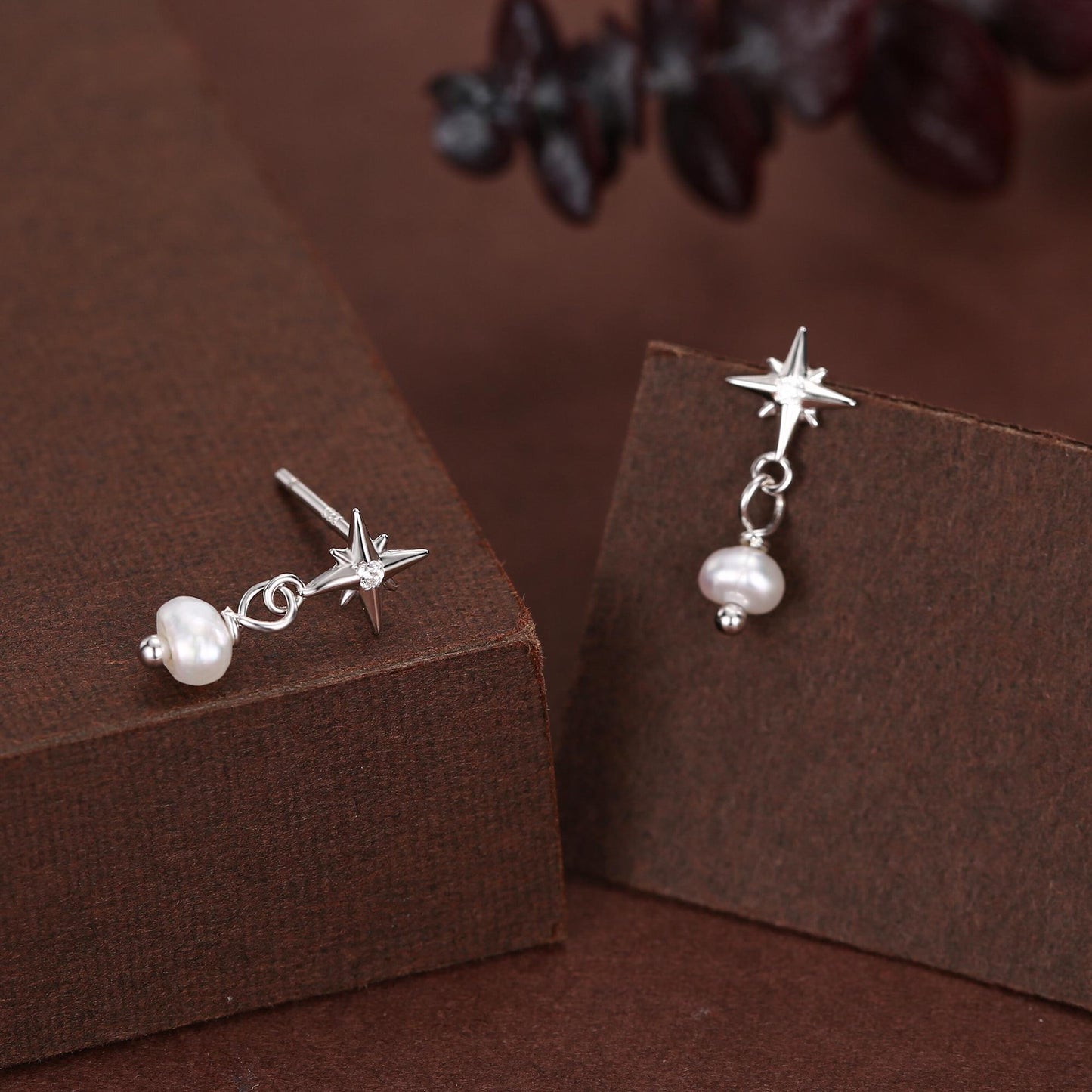 Starburst and Tiny Dangle Pearl Stud Earrings in Sterling Silver, Silver, Gold or Rose Gold, Star Earrings, Sunburst Earrings, Celestial