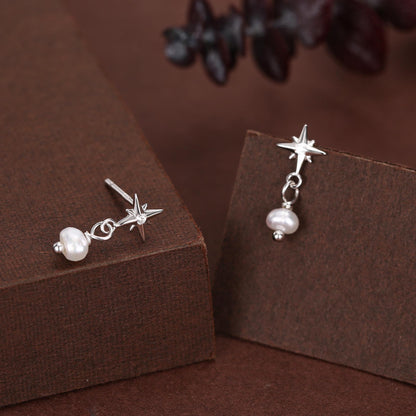 Starburst and Tiny Dangle Pearl Stud Earrings in Sterling Silver, Silver, Gold or Rose Gold, Star Earrings, Sunburst Earrings, Celestial