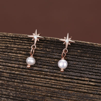 Starburst and Tiny Dangle Pearl Stud Earrings in Sterling Silver, Silver, Gold or Rose Gold, Star Earrings, Sunburst Earrings, Celestial
