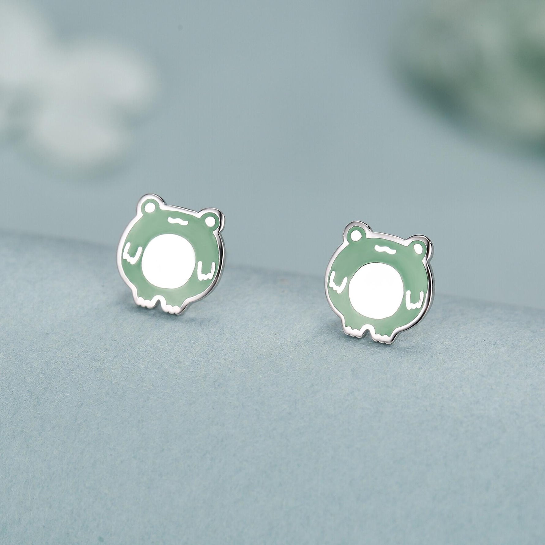Hand Painted Enamel Frog Stud Earrings in Sterling Silver, Kawaii Frog Earrings, Green Frog Earrings, Nature Inspired