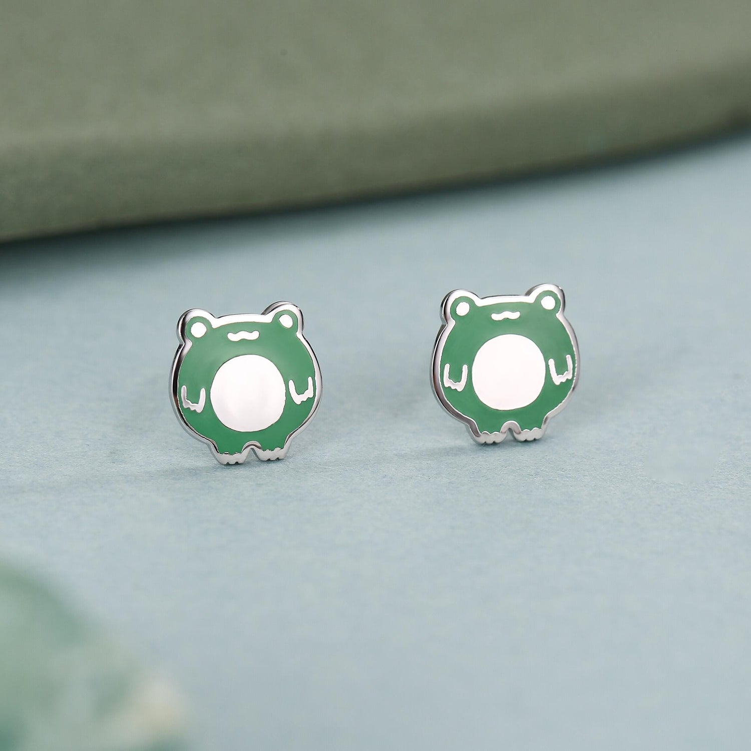 Hand Painted Enamel Frog Stud Earrings in Sterling Silver, Kawaii Frog Earrings, Green Frog Earrings, Nature Inspired