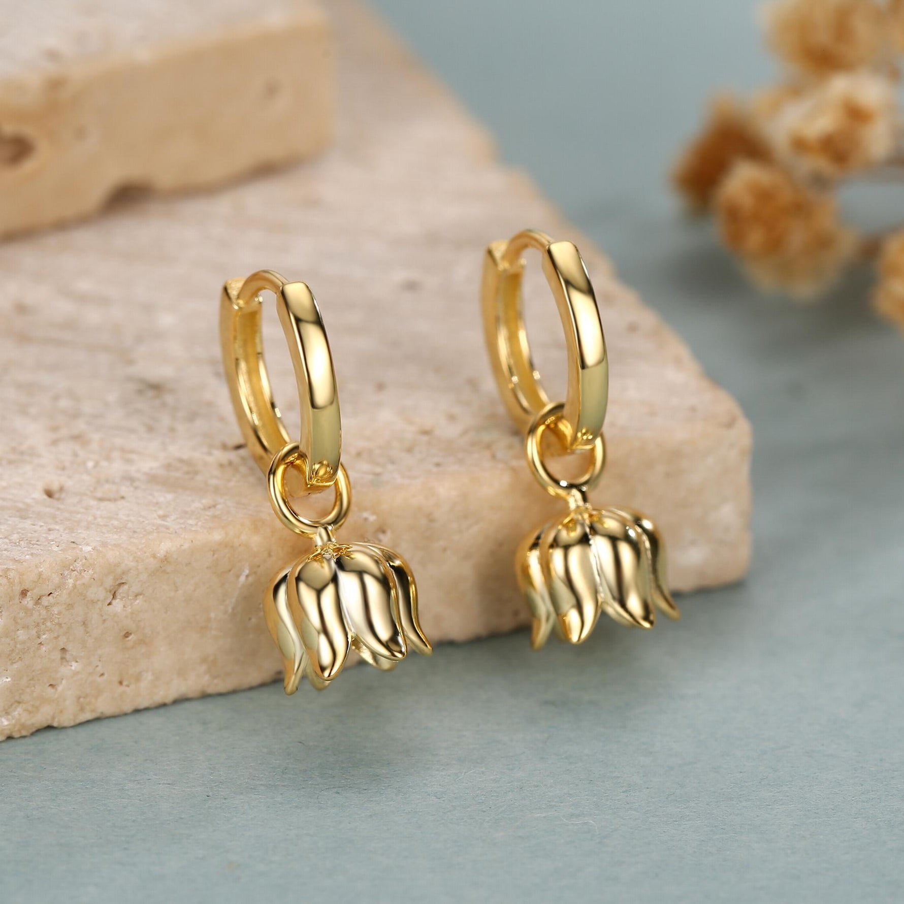 Lily of the Valley Flower Charm Huggie Hoop Earrings in Sterling Silver, Lily of the Valley Flower Dangle Earrings, Detachable Charms