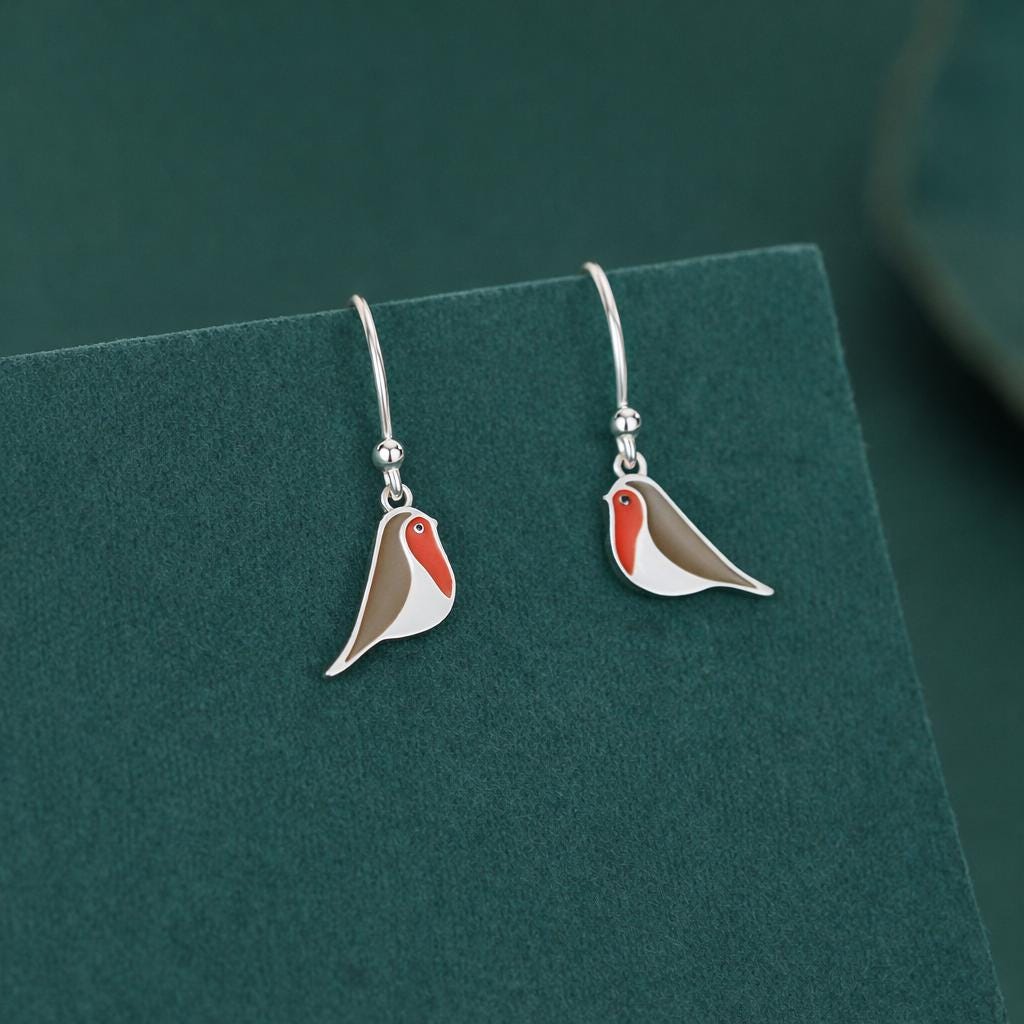 Enamel Robin Bird Drop Hook Earrings in Sterling Silver, Sterling Silver Enamel Robin Earrings, Nature Inspired